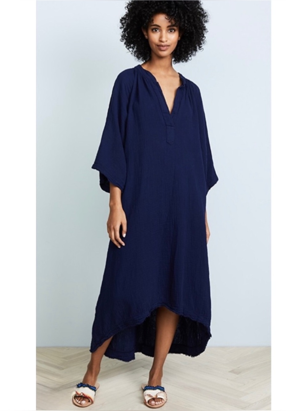 9 SEED | NWOT Tangier Cotton Gauze Caftan Dress in Pacific (Navy Blue), One Size